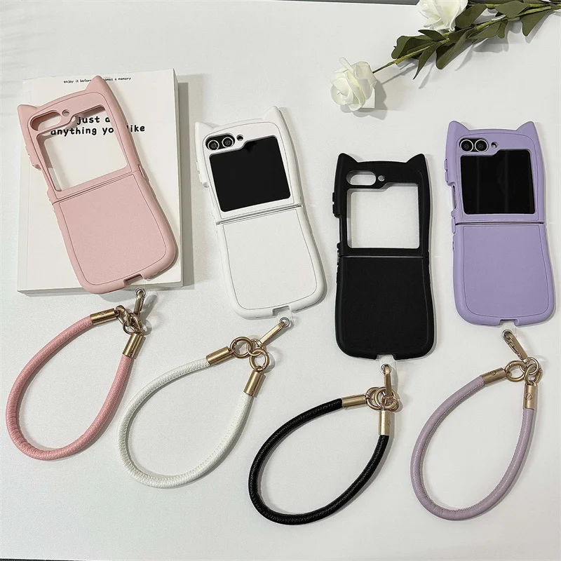 Простой цветной кожаный чехол для телефона с кошачьими ушками и ремешком Samsung Galaxy