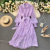 spring elegant purple womens polka dot pleated dress 2022 korean clothing long sleeve vintage chiffon shirt dress female ro