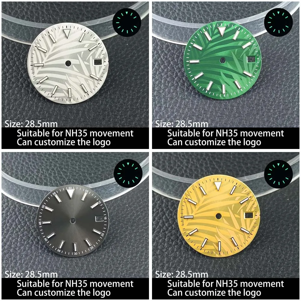 

28.5MM diameter dial green luminous dial, suitable for NH35/NH36 watch movement accessories, customized logo