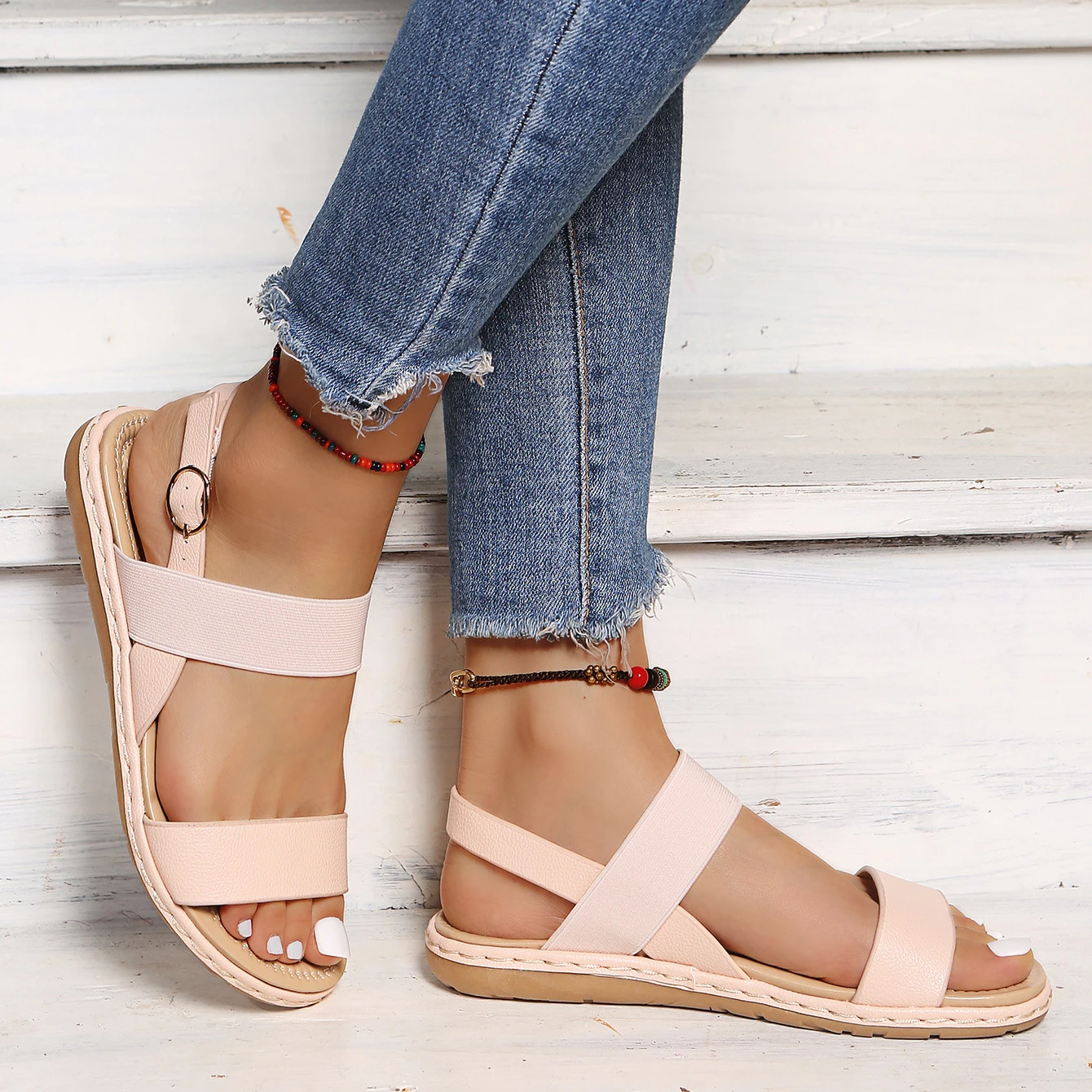

Women Sandals Roman Style Lightweight Summer Casual Shoes Open Toe Buckle Flat Comfortable Shoes Plus Size 42