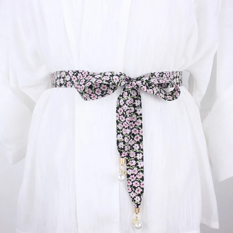 

Модный женский ремень с жемчугом, ремень с цветочным орнаментом, шифоновый ремень с узлом, женский ремень на пояс