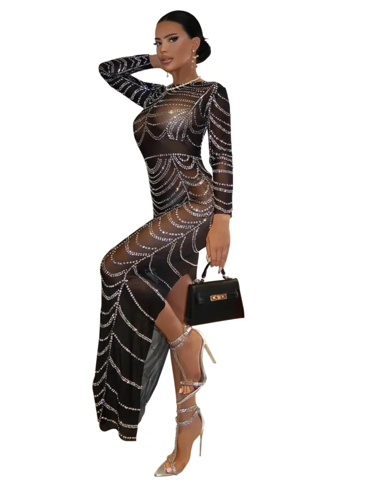 

Long African Maxi Dress Women With Diamond Split Robes Africa Clothing Fashion New Sexy See Through Sexy African Dress Vestidos