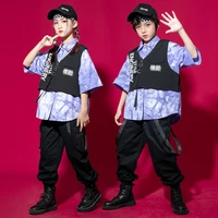 kid hip hop clothing purple tie dye short sleeve shirt vest top streetwear tactical cargo pants for girl boy jazz dance costume