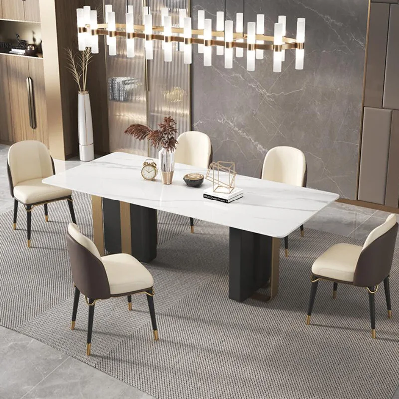 

Glossy Rock Slab Dining Table Solid Wood Rectangular Light Luxury Marble Dining Table and Chairs set