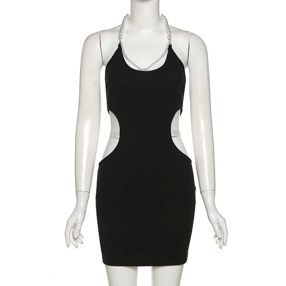 

Stylish Mini Dress Faux Pearls Halter Stretchy Bodycon Dress Hip Wrap Waist Cut Out Short Club Dress