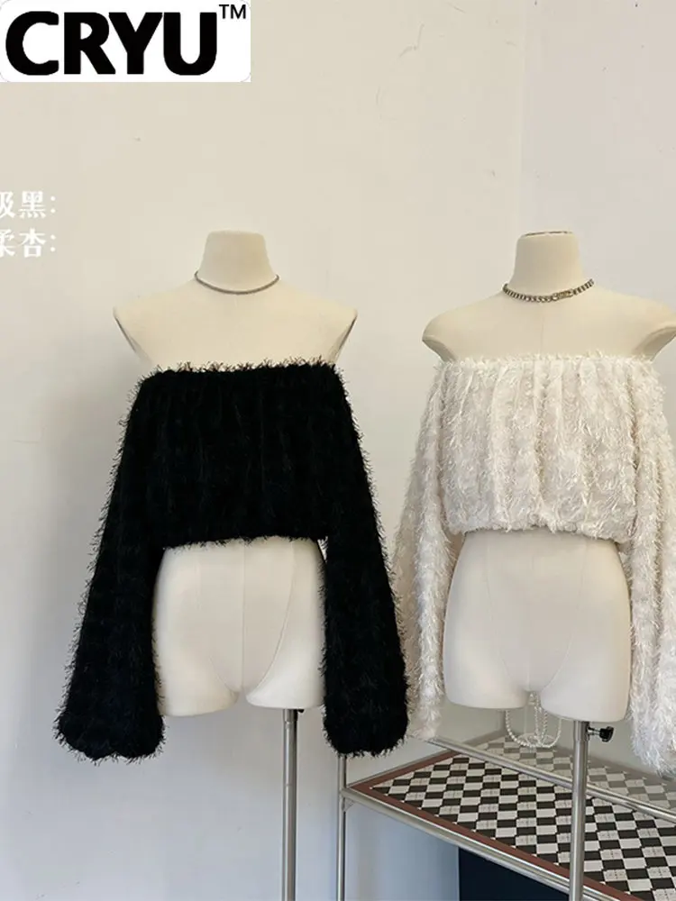 

Women Autumn Summer Slash Neck Off Shoulder Sexy Blouses Baggy Long Sleeve Tassel Clothes Pleated Plush Design Female Crop Top