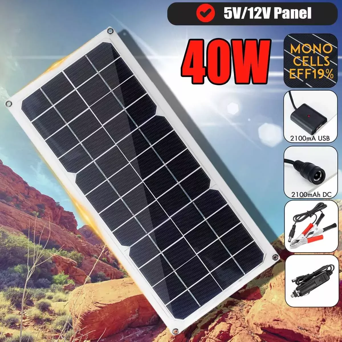 

40W Solar Panel 12V Monocrystalline USB Power Portable Outdoor Solar Cell Car Ship Camping Hiking Travel Phone Charger