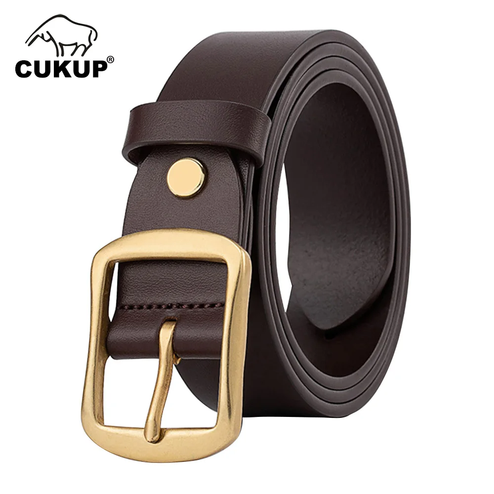 CUKUP New Top Quality Cow Genuine Leather Belt Gold Brass Pin Buckle Male Accessories Waistband Belts for Men 33mm Width NCK1171