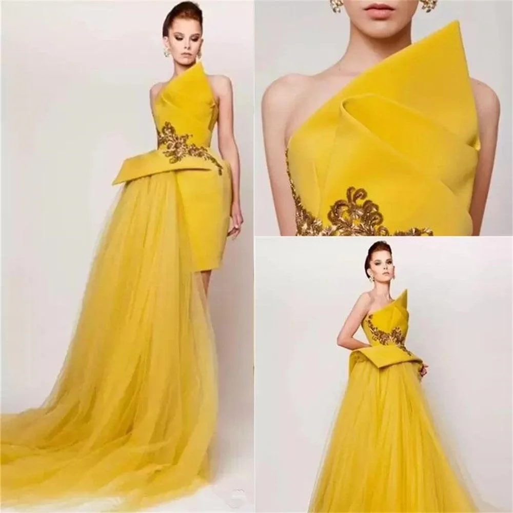 

Strapless Evening Dresses Sleeveless Yellow Vintage A Line Prom Gowns Pageant Special Occasion Dress Robe De Mariée Custom Made