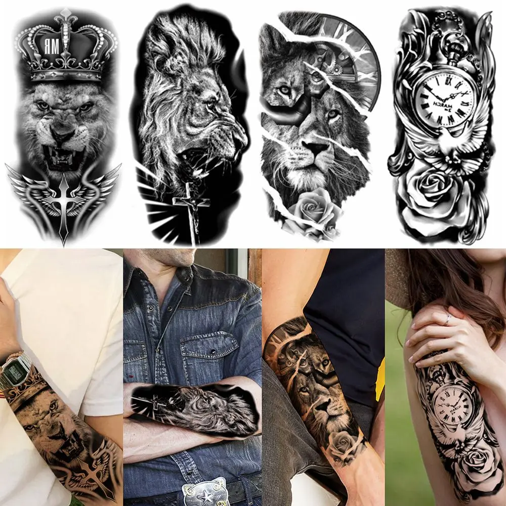 

Воин, тигр, волк, цветок, Череп, стойкая татуировка, рукав, искусственная татуировка, наклейка s черная наклейка тату, временные татуировки