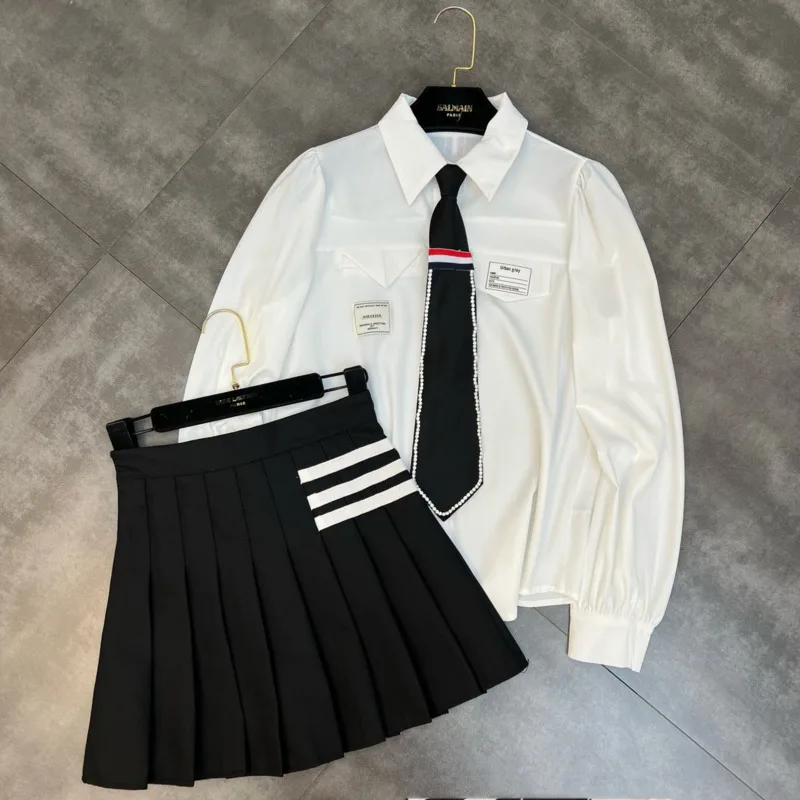 

PREPOMP 2022 Spring Turn Down Collar Necktie Shirt Short Pleated Skirt Two Piece Set Outfits Preppy Style GE091