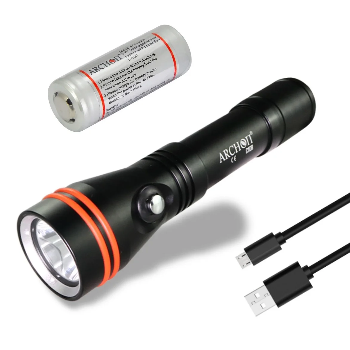 ARCHON C10R Diving Flashlight USB Charging Dive Torch CREE LED 1200LM Underwater Light 100m by 18650 Battery for Hiking