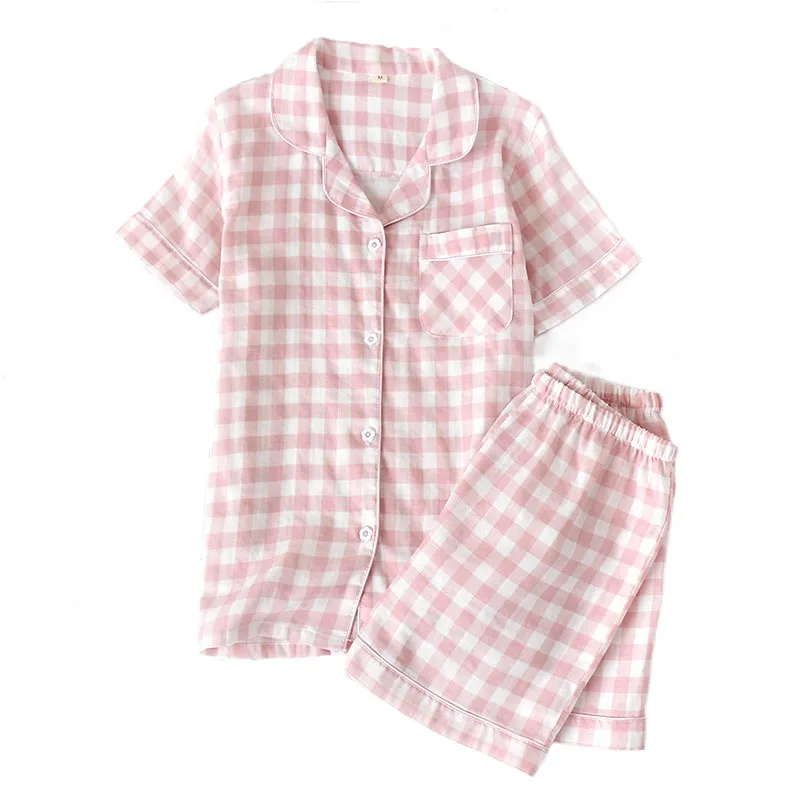 

Sweet Cute Plaid Print Sleepwear for Women Cotton Short Sleeve Shirt + Shorts Pyjamas Two Piece Set Women Homewear for Summer