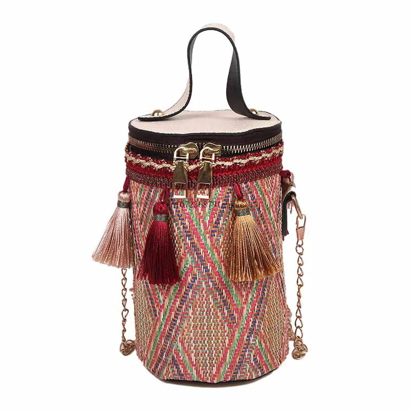 2023 New Women's Bag Fashion Korean Women Bag Summer Ethnic Style Western Style Bucket Tassel Messenger Bag Clutch Bag Handbag