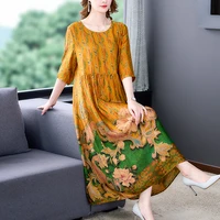 print silk high waist mid length dress women summer lace up round neck casual elegant vintage beach dresses for female clothes
