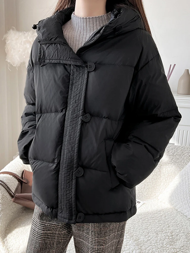 

2022 New Trendy Winter Women Puffer Jacket Female Hooded Fluffy Short Oversized Solid Loose Bubble 90% White Duck Down Coat