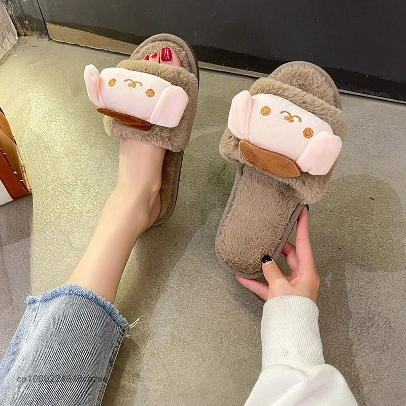 Sanrio Kuromi My Melody Pom Pom Purin Cinnamoroll Cute Slippers Korean Version Fur Slippers Home Comfortable Cotton Shoes Women