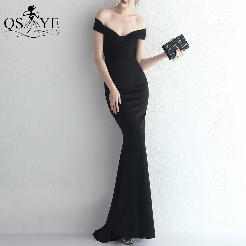 

Off Shoulder Black Evening Dresses Elastic Mermaid Formal Gown Strapless Ruched Crisscross Knot Fitted Long Prom Party Dress New