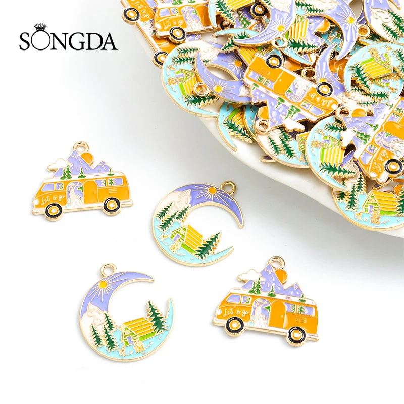 

4pcs Outdoors Mountain Camping Enamel Charms Cartoon Moon Bus Alloy Drip Oil Pendant For Making DIY Jewelry Handmade Accessories