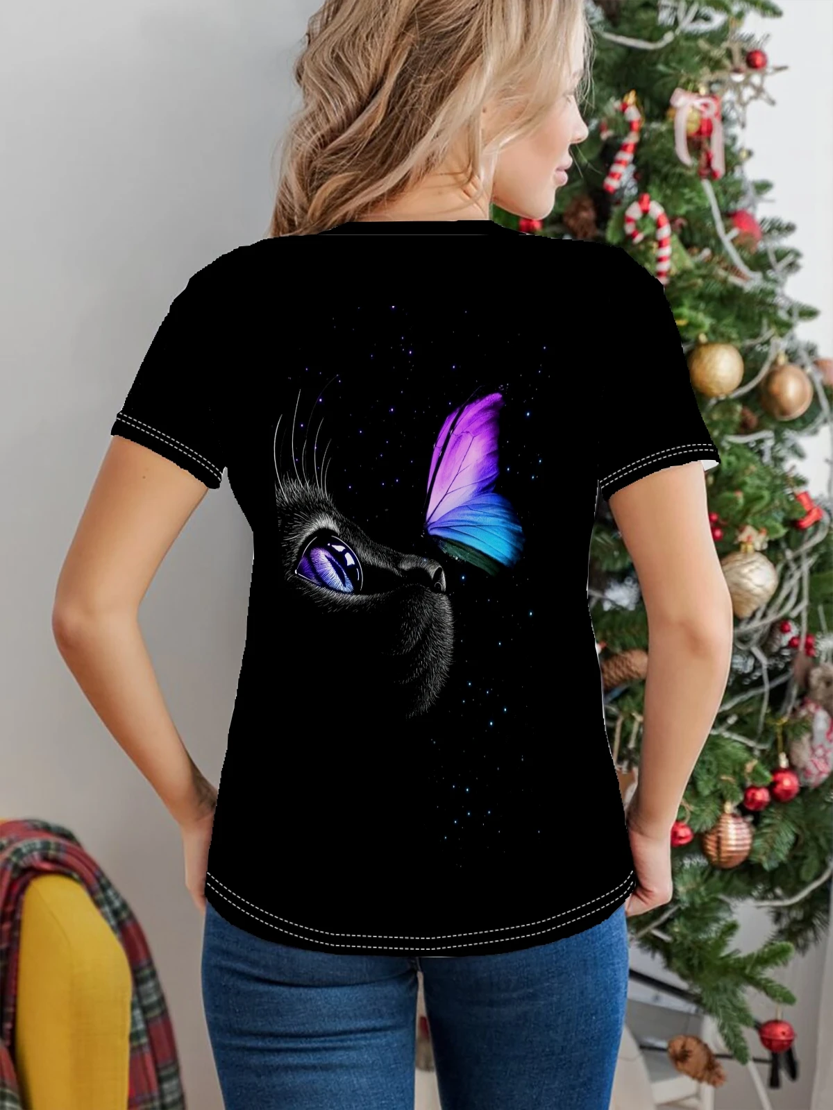 Футболка с круглым вырезом и принтом черного кота повседневный топ коротким