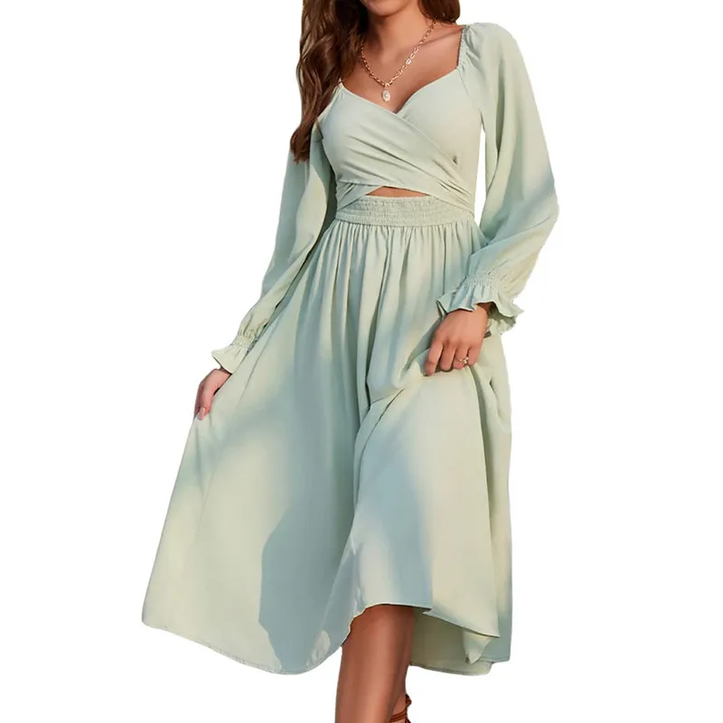 

Women Reversible Midi Dress Evening Party Elegant Long Puff Sleeve Tie Back Solid Color Wrap Dress Spring Autumn