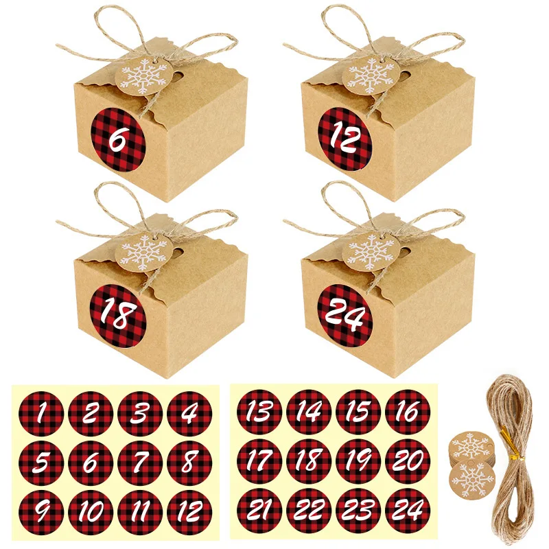 

24 Pieces/Set Vintage Kraft Paper Gift Box with Advent Calendar 1-24 Number Stickers Holiday Party Kids Candy Cookies Gift Box