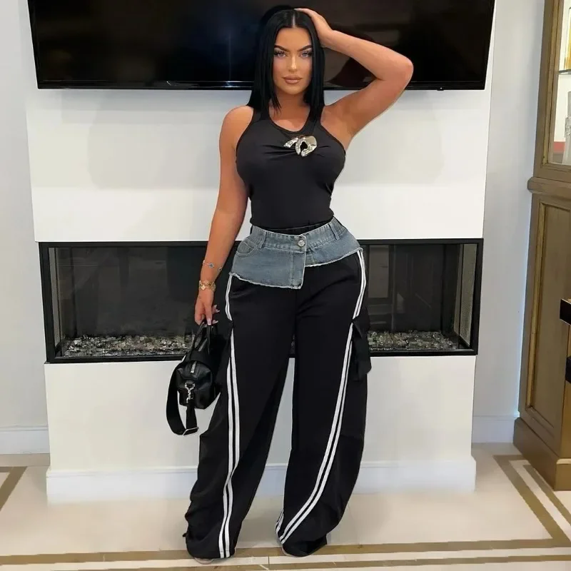 Джинсовые лоскутные полосатые широкие спортивные штаны женские модные прямые