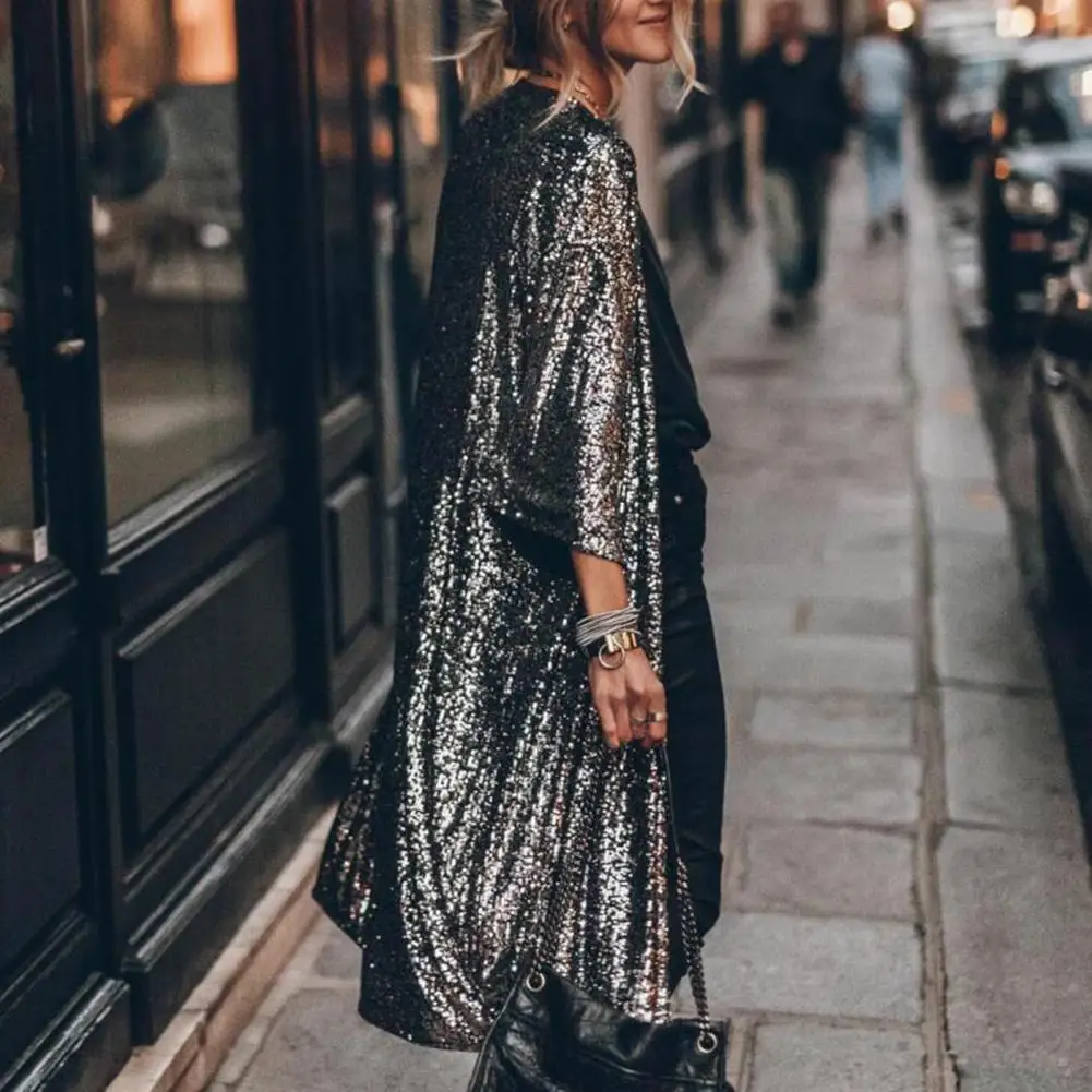 

Classic Loose Outerwear Warm Gown Cape 3/4 Sleeve Women Shiny Sequins Mid-length Cape Jacket Windproof