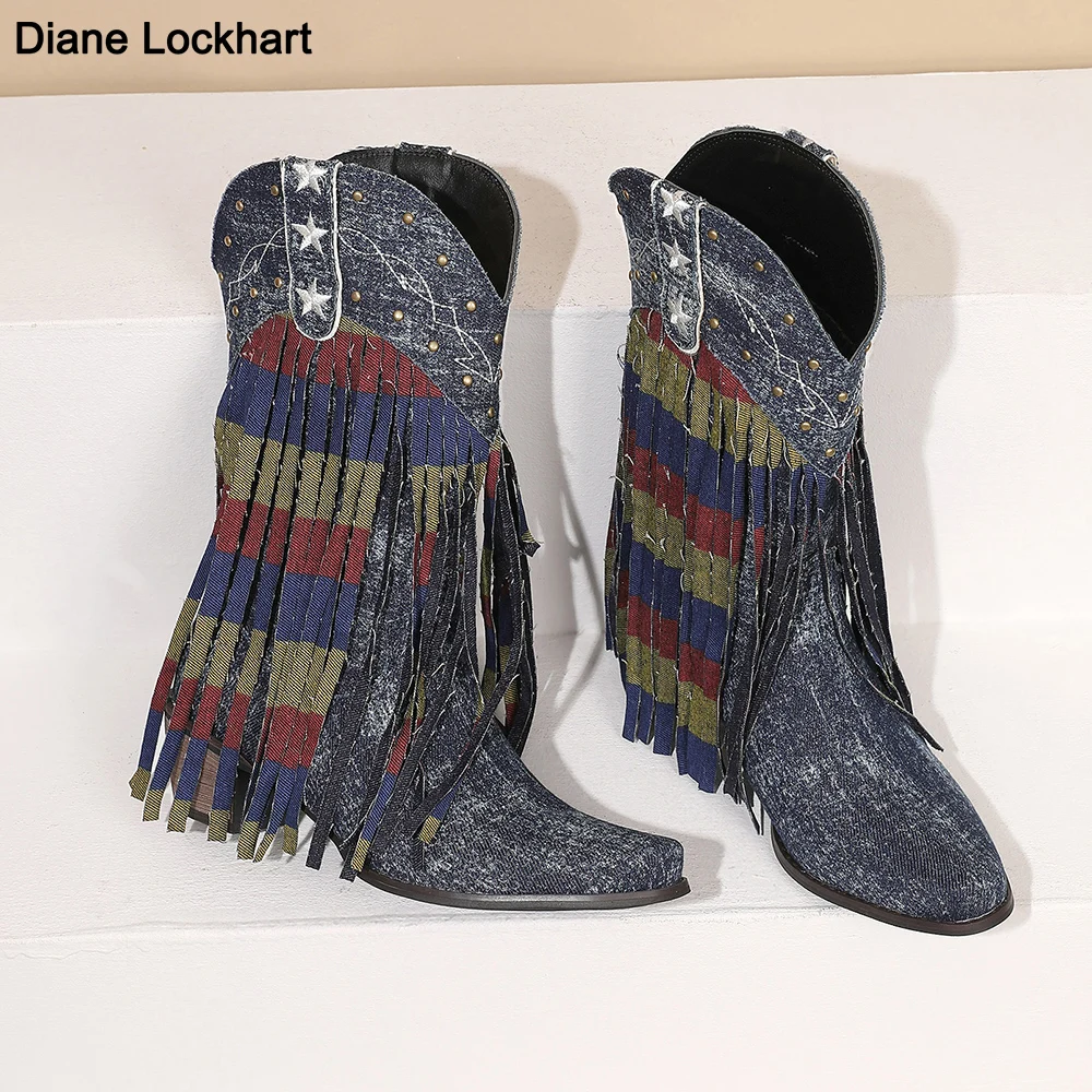

Retro Fringe Mid-calf Western Boots Women Punk Rivets Tassel Cowboy Boot for Cowgirl Woman Autumn Winter Denim Shoes 2023