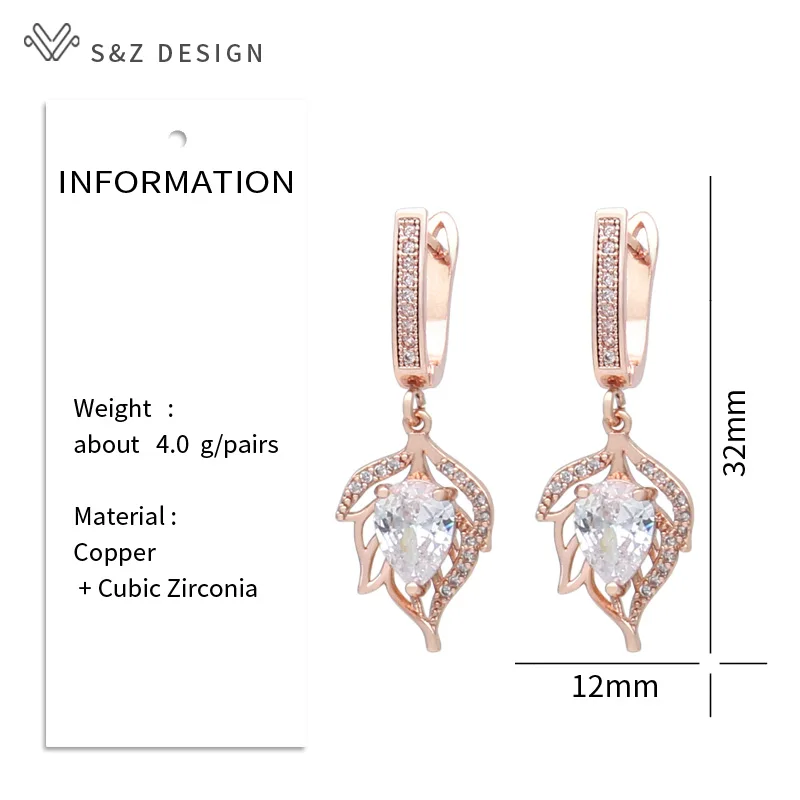 Фото S&Z разрабатывает новые модные капли воды кубический циркония полость листьев висят сережки для женщин модные 585 розового золота цвет серьги №3