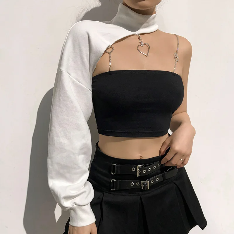 

Summer Long Sleeve White One Shoulder Halter Crop Top T Shirt Women Casual Sleeves Tshirt Knit Streetwear Fashion Clothes 2021