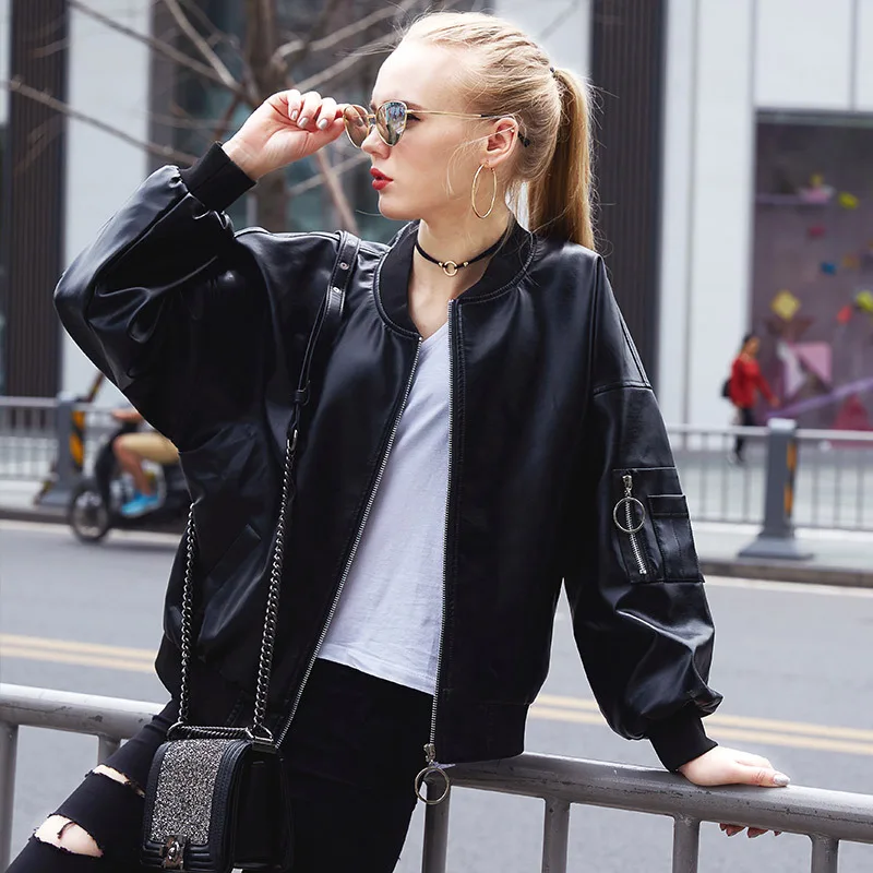 

Leather Jacket Women 'S New Bf Style Loose Casual Baseball Uniform PU Leather Jacket Student Handsome