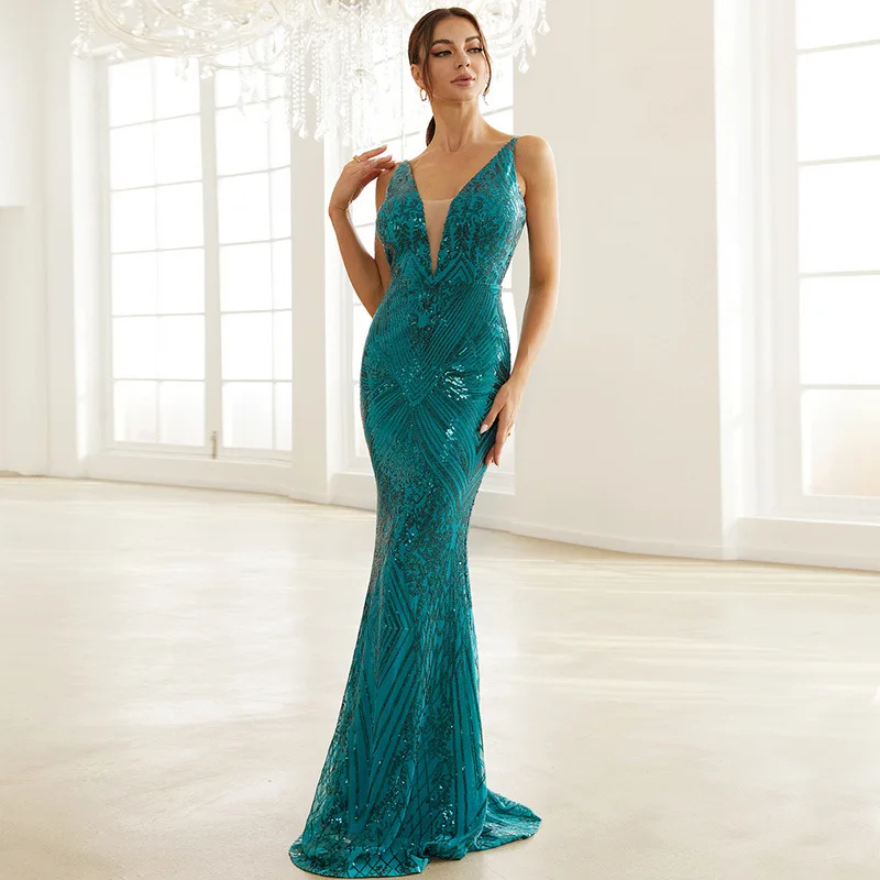 Women Elegant Long Mermaid Dresses Sexy Deep V Neck Sleeveless Sequins Maxi Party Evening Dresses Gown Robe De Soiree