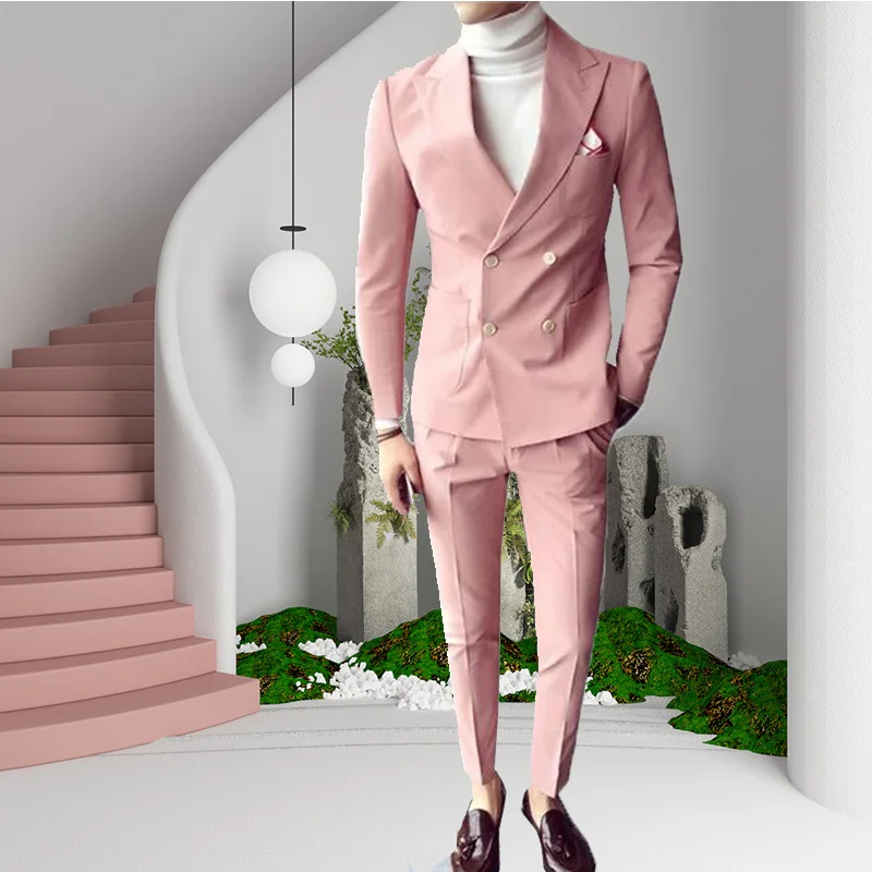 Pink Fashion Sunshine Men Suits Double Breasted 2 Pieces (Jacket+Pants) Peaked Collar Slim Fit Suits for Wedding Party Tuxedos