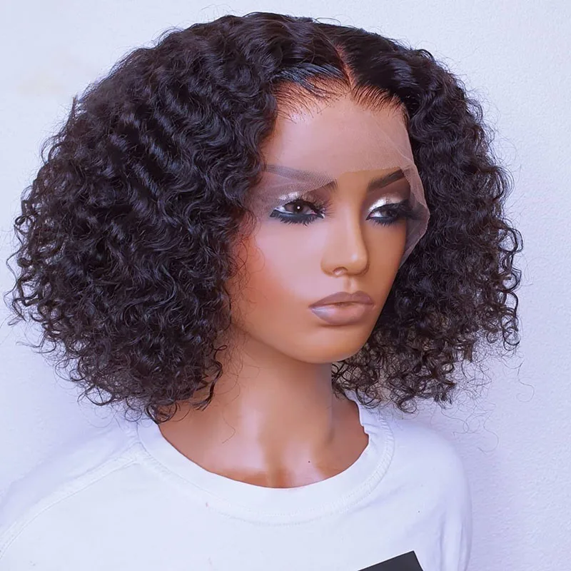

Short Bob Soft Preplucked 180Density Glueless Kinky Curly Lace Front Wig For African Black Women BabyHair Daily Natural Hairline