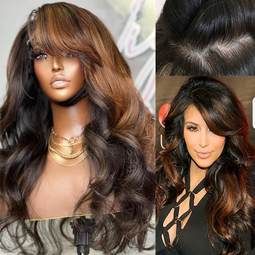 Full Lace Wigs Human Hair 360 Auburn Highlighted Lace Front Wig Human Hair Wig With Bangs Human Hair Silk Base Frontal Long Wig
