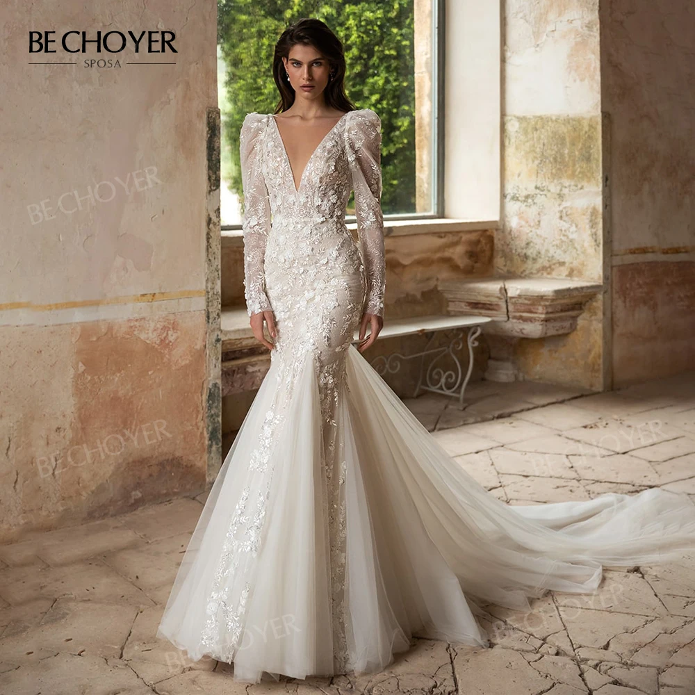 

Свадебное платье с длинным рукавом и юбкой годе, с 3D цветами, шикарное платье невесты, 2023, со шлейфом, принцесса, BECHOYER EL219, платье с открытой сп...