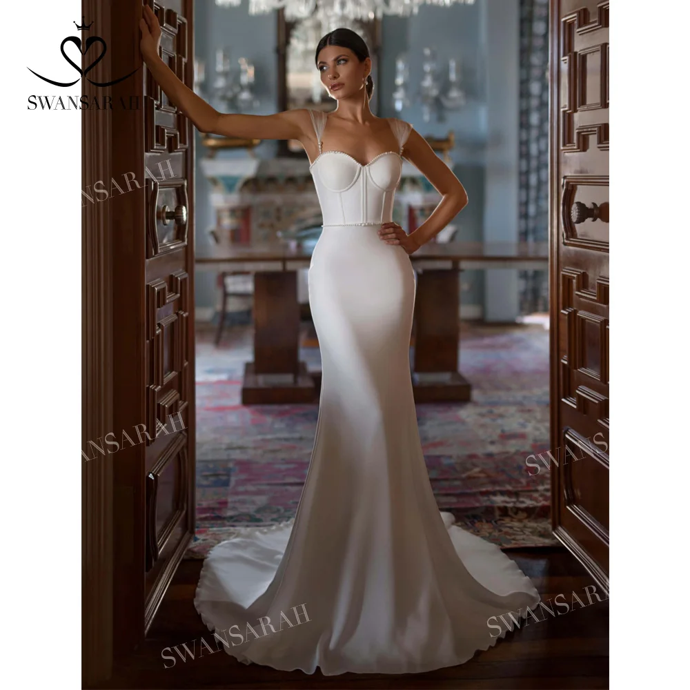 

Sweetheart Pearls Wedding Dress 2023 Satin Simple Mermaid Court Train Princess Vestido De Novia SwanSarah N513 Button Bride Gown