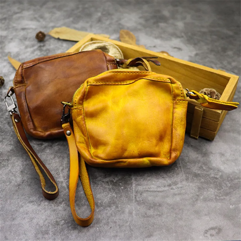Vintage high quality soft genuine leather men's women's small coin purses real cowhide zipper credit card ID holders wallets