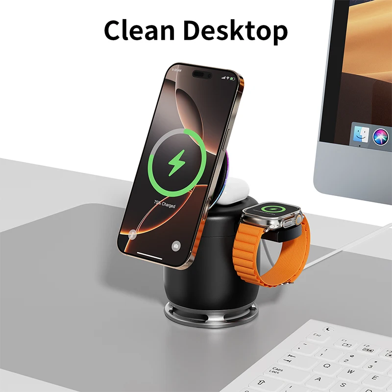 Фото Беспроводная магнитная зарядная станция 15W Qi2 с быстрой зарядкой для iWatch S11, AirPods Pro 3, 2, iPhone 16, 15, 14 ProMax, HUAWEI, XIAOMI, Samsung №5