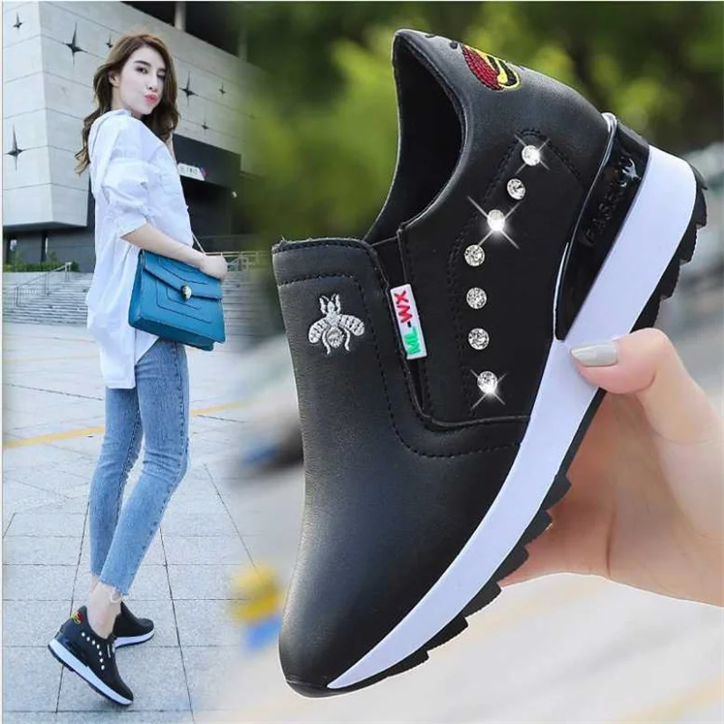 Casual High Heels Breathable Women Sneakers PU Round Toe Crystal Embroider Platform Wedges Tenis Feminino Female Vulcanize