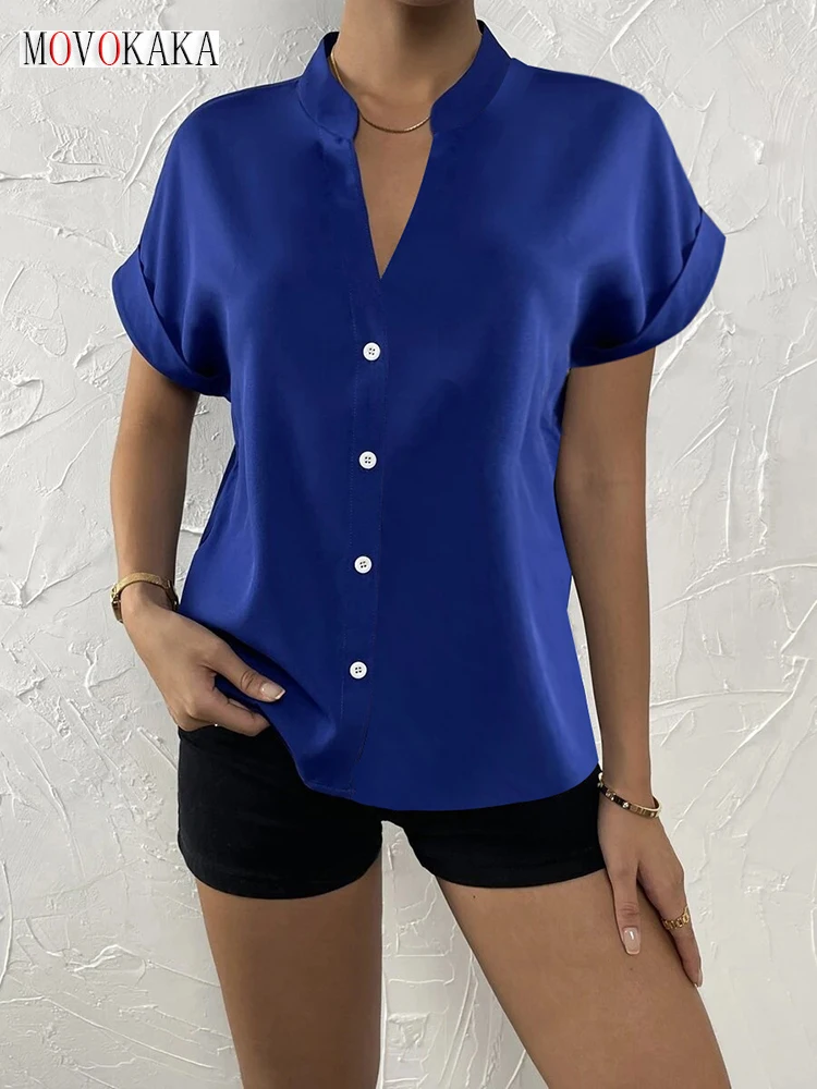 

MOVOKAKA Ladies Blue Tops Women's Blouses Fashion Solid V-neck Casual Short Sleeve Office Elegant Work Shirts Female Slim Blusas