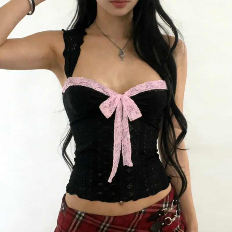 Фото Женский корсетный топ AltGoth Hotsweet Y2k в готическом стиле, милый, кавайный, в стиле E-girl, розовый, с кружевом, бантом и пэчворком, укороченный, для женщин №4