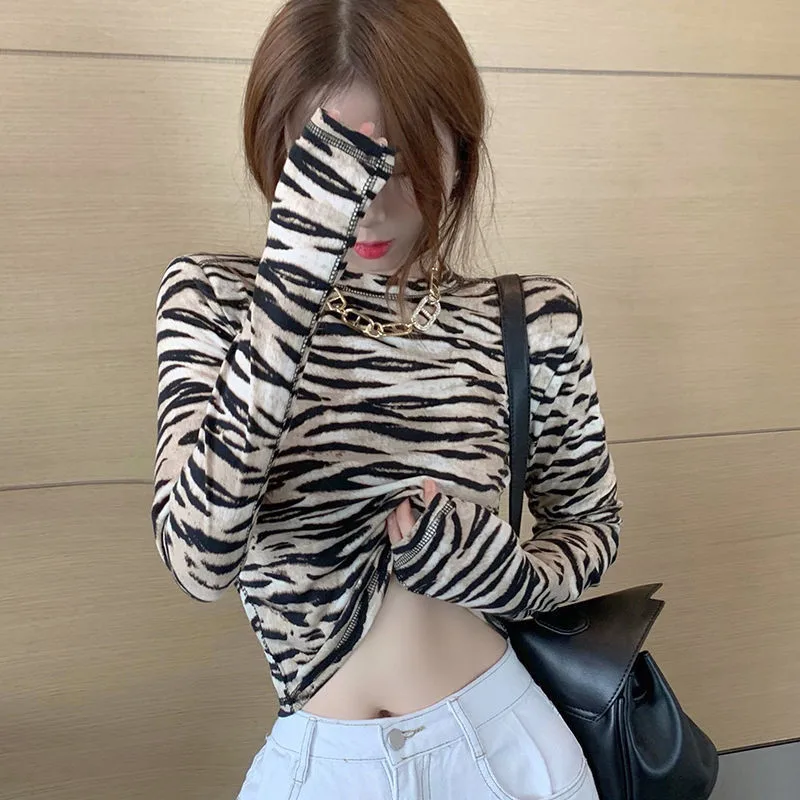 

2021 New Women's Spring and Autumn Fashion Slim Long-sleeved Wild Striped Design Zebra Pattern Bottoming Shirt Ladies T-shirt