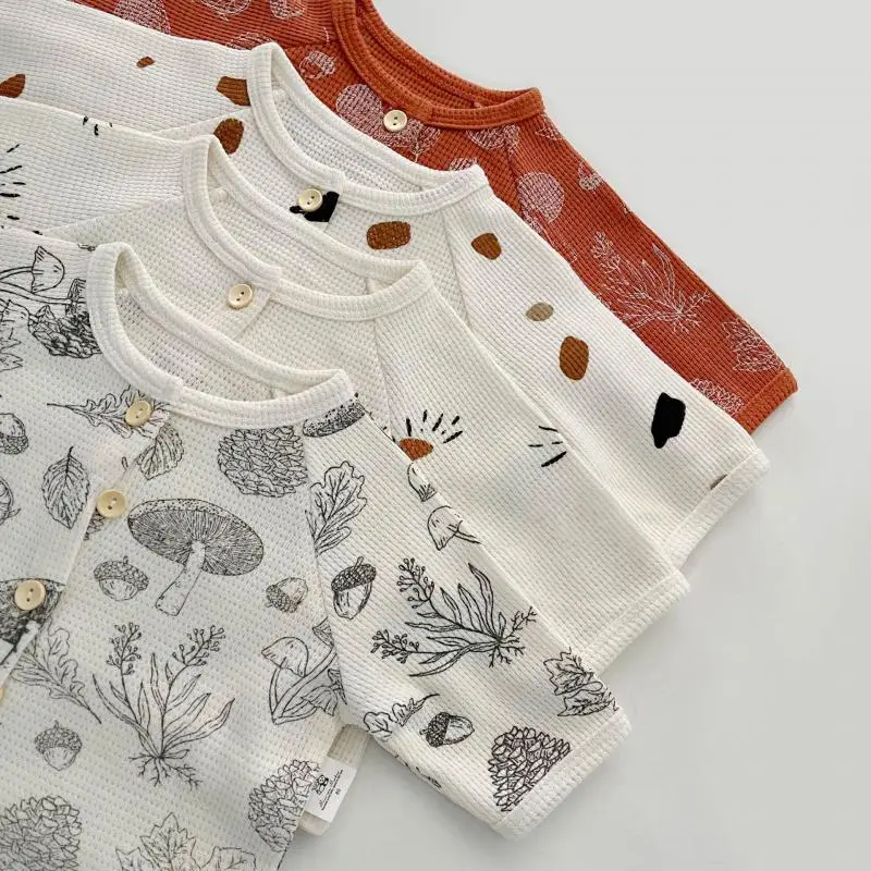

Danish Children's Short-sleeved Household Clothes Summer Boys And Girls' New Pajamas Printed Suit Nordic Waffle Baby Clothes
