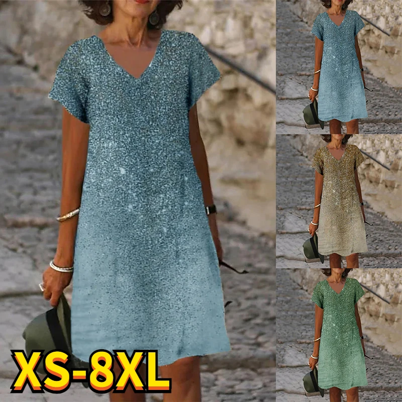 

GaunShiftWanitaMusimPanas2022GaunKerahVPanjangLututLukisanCetakEleganLenganPendekDesainBaruGaunUkuranPlusHijauBiru