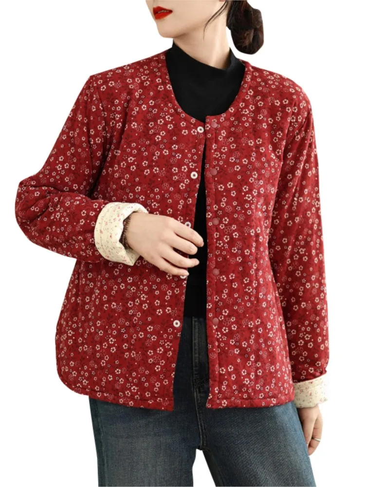 Оверсайз осенне-зимнее стеганое хлопковое пальто с цветочным принтом женское