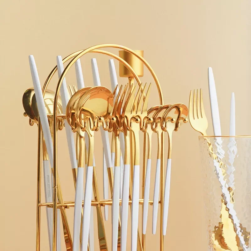 

24pcs Gold Dinnerware Set Tableware Set Stainless Steel Knife Fork Spoon Luxury Cutlery Set With Storage Rack Dishwasher Safe