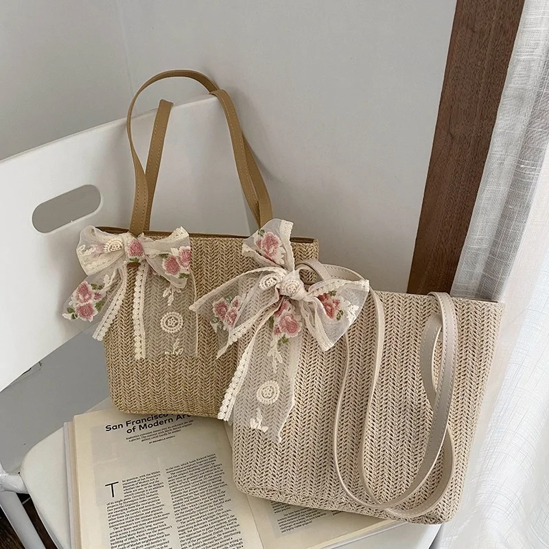 

Винтажная плетеная женская сумка на плечо, однотонный кружевной тоут с лентой, Плетеная соломенная сумочка в стиле бохо, бежевая пляжная сумка с ручками, лето