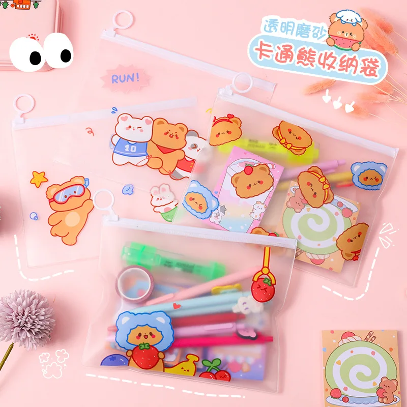 

Cute Bear File Folder Portable Pencil Bag Transparent Waterproof Student Desktop Stationery Storage Zipper Bag School Supplies